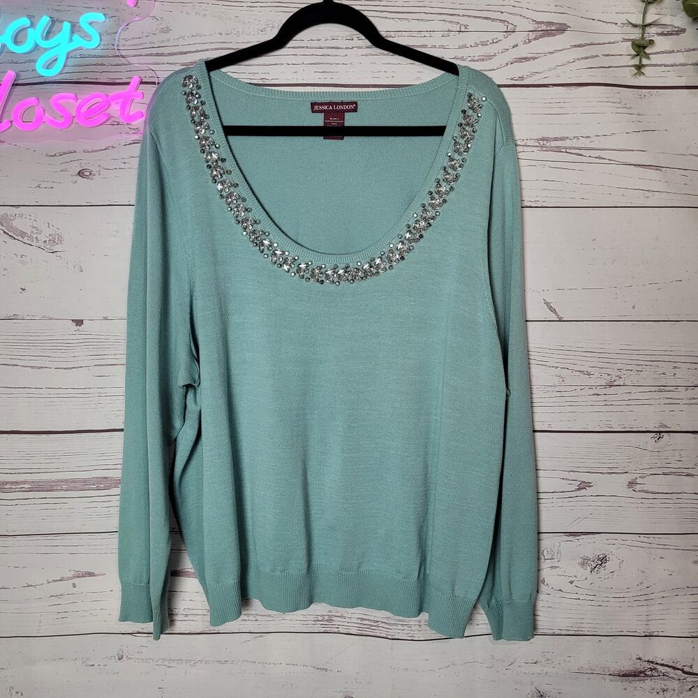 Jessica London Teal Blue Bling Embellished Holiday Sweater Womans Plus 22/24